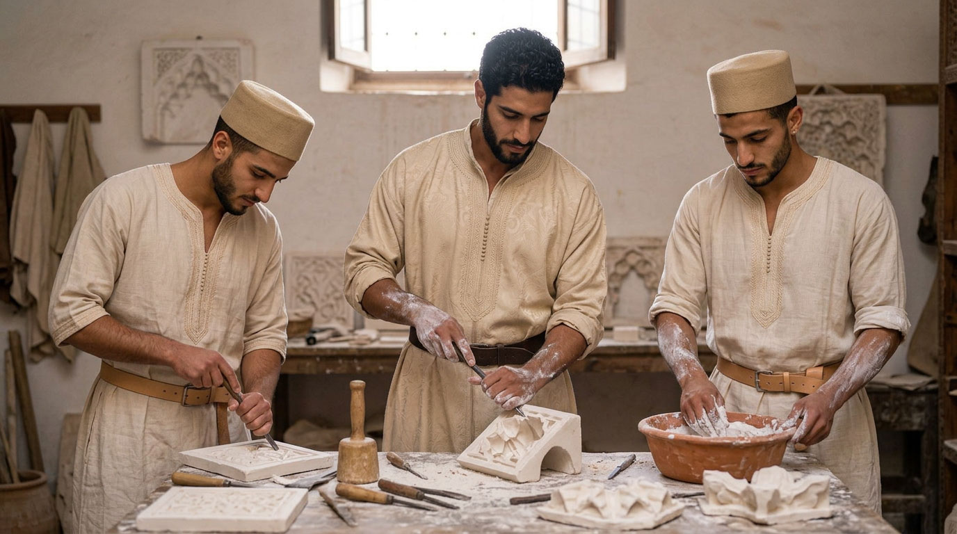 Trois jeunes artisans marocains taillant le plâtre à l'atelier
